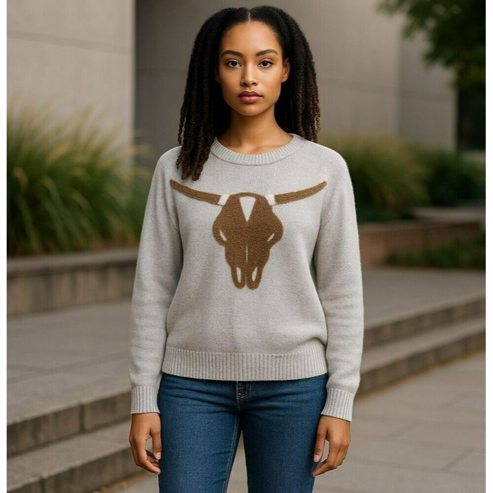 Smell The Roses Womens Small Taupe Pullover Longhorns Bull Skull Sweater Sz S